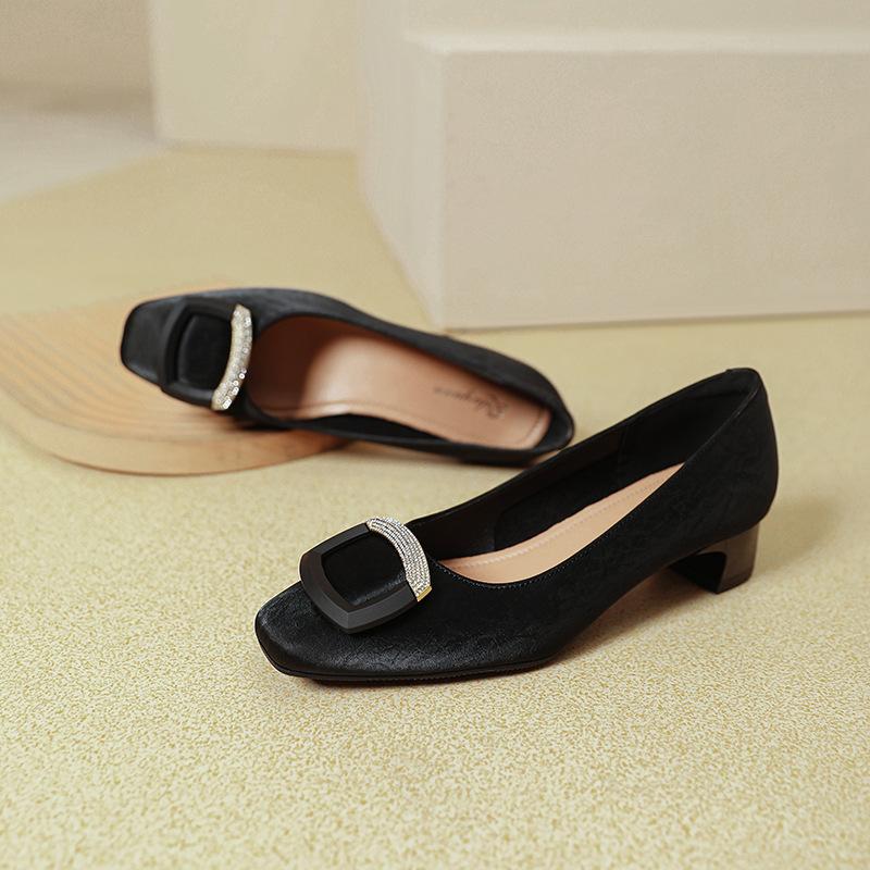 French Low-heeled Shallow-mouth Single Shoes 2025 New Spring and Autumn Huizhou Women's Shoes Soft Leather Square Head Not Tired Feet High Heels