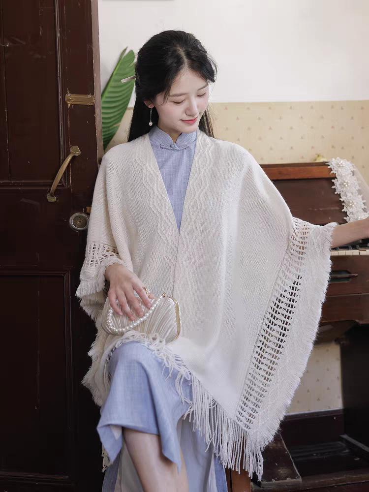 Knitted shawl with cheongsam with tassel antique fairy new Chinese cardigan white 1011 new autumn