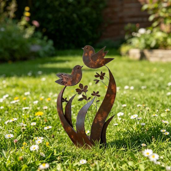 Vogel Wildblume Metall Gartenstecker Dekorativer Außenpflanzenstecker Rustikales Gartendekoration mit Vogel-Blumendesign für Hof Rasen Pflanzgefäße Dekoration