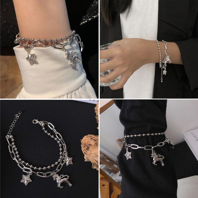 Einzelhorn Pferdearmband Cooles Mädchen Hip Hop Zweilagiges Sternanhänger Armband Einfacher Vielseitiger Modischer Handgelenkschmuck