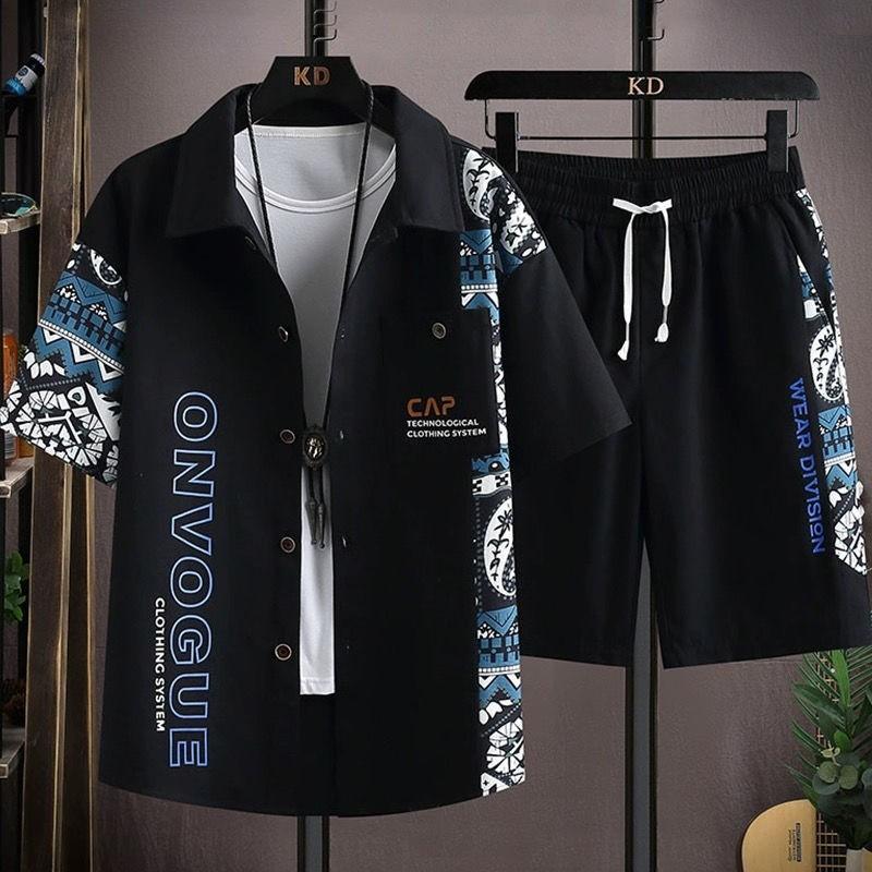 Summer Short-sleeved Suit Men's Lapel T-shirt Shorts Suit Youth Trend Casual Short-sleeved Suit