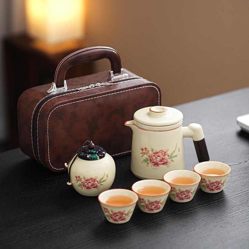 Ru kiln new tea set ceramic home living room office peony teapot light luxury gift company annual meeting