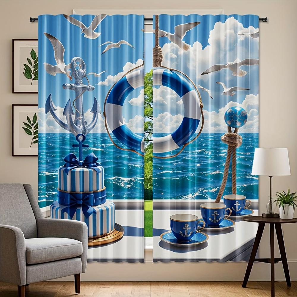 2pcs   Seaside Vacation Print Curtains Polyester Rod Pocket Design Light Filtering for Bedroom Living Room Office   Machine Washab