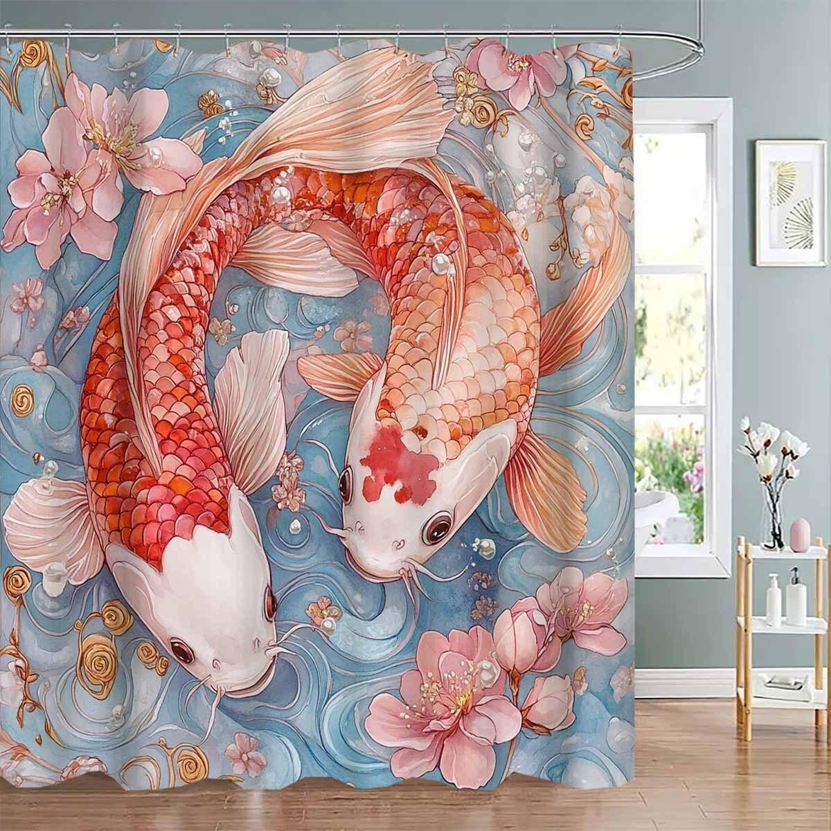 

1Pc Decorated With A Koi Flower Pattern Shower Curtain - With 12 Hooks, Machine Washable, Suitable For Bathroom Decor And W60H190(CM)-1 Pcs