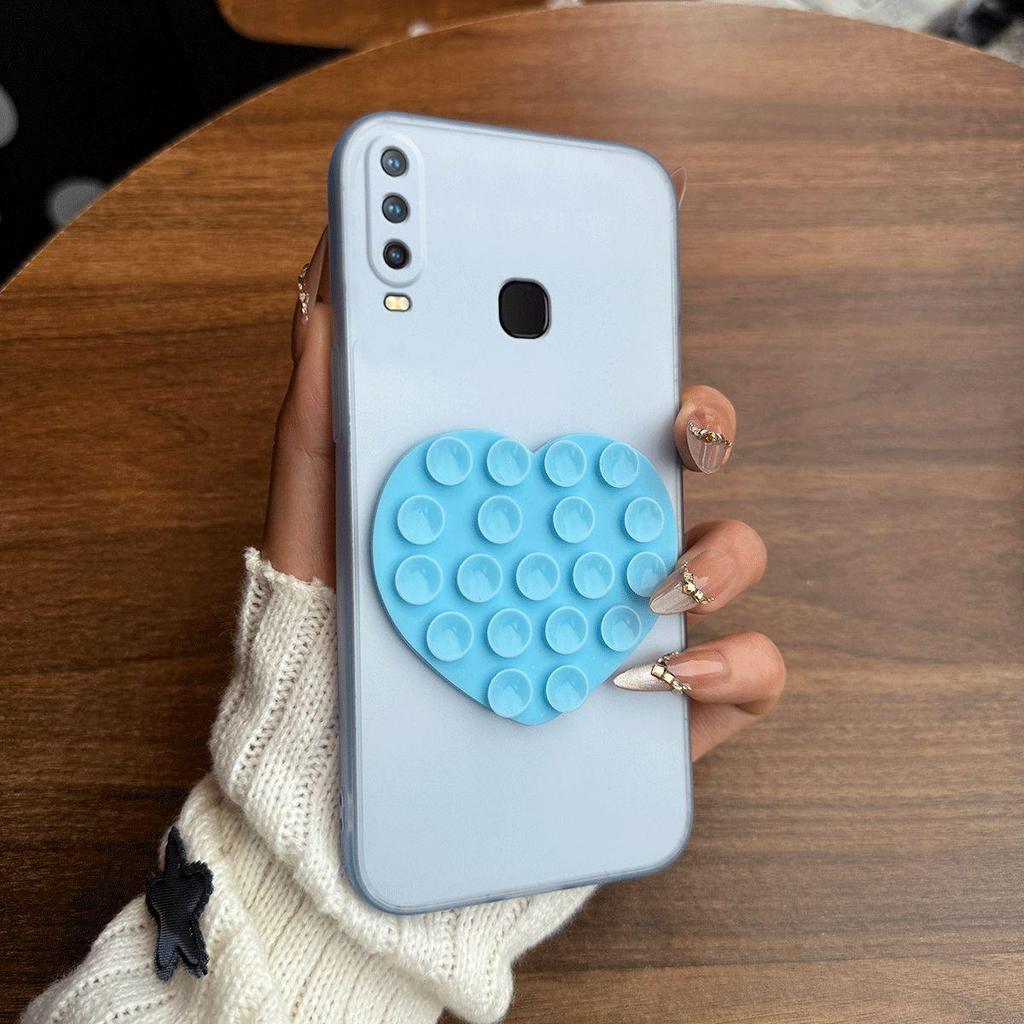 Heart Shape Suction Cup Phone Case for Vivo Y17,Y15 2020,Y12 Semi Transparent Matte Shockproof Soft TPU Cover