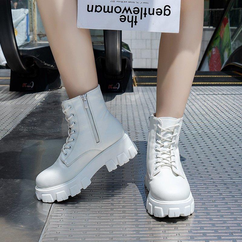 Fashion 2025 Autumn and Winter New British Style Round Toe Platform Women's Flat Mid-Cylinder Soft-Sole Boots