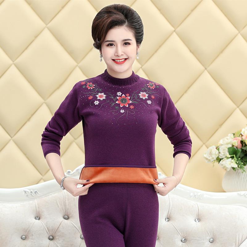 Women's Plus Size Fleece-Lined Warm Underwear Set for Middle-Aged and Elderly