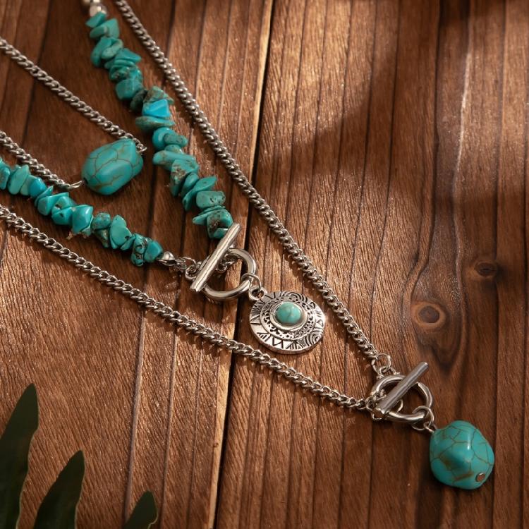 Adjustable Geometric Turquoise Beaded Necklace Multi Layered Clavicle Chain Neck Jewelry for Stylish Outfits