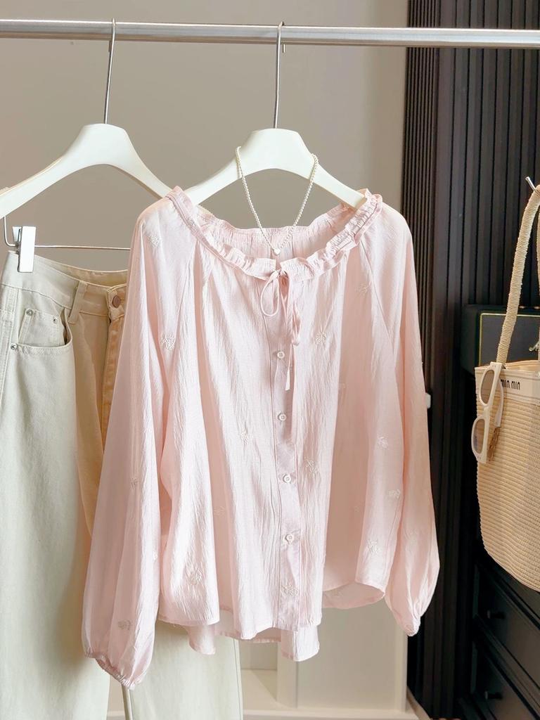 Korean Retro Lantern Sleeve Rose Embroidered Shirt - Women's Spring Ruffle Lace-Up Loose Sun Protection Top