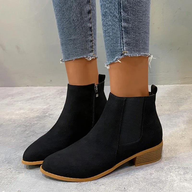 Women's Natural PU Leather Elastic Splice Slip-on Flats Fall Ankle Boots Square Toe Casual Short Chelsea Boots Shoe Hot
