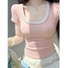 Sweet Fashion Versatile Summer New T-Shirts Women Square Collar Solid Lace Patchwork Short Sleeve Korean Casual Skinny Tops