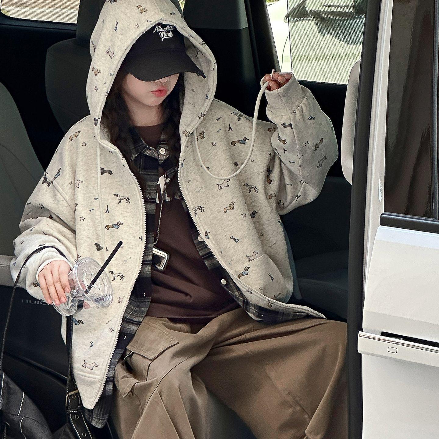 

Осень 2025 Ветровка с капюшоном с принтом щенков для девочек - Повседневная спортивная одежда для подростков 120cm серый