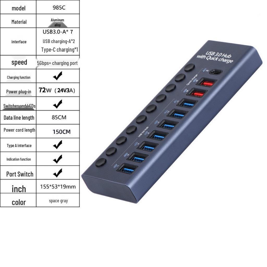 Aluminum 10-Port USB 3.0 Hub with Independent Switches and High Power Splitter