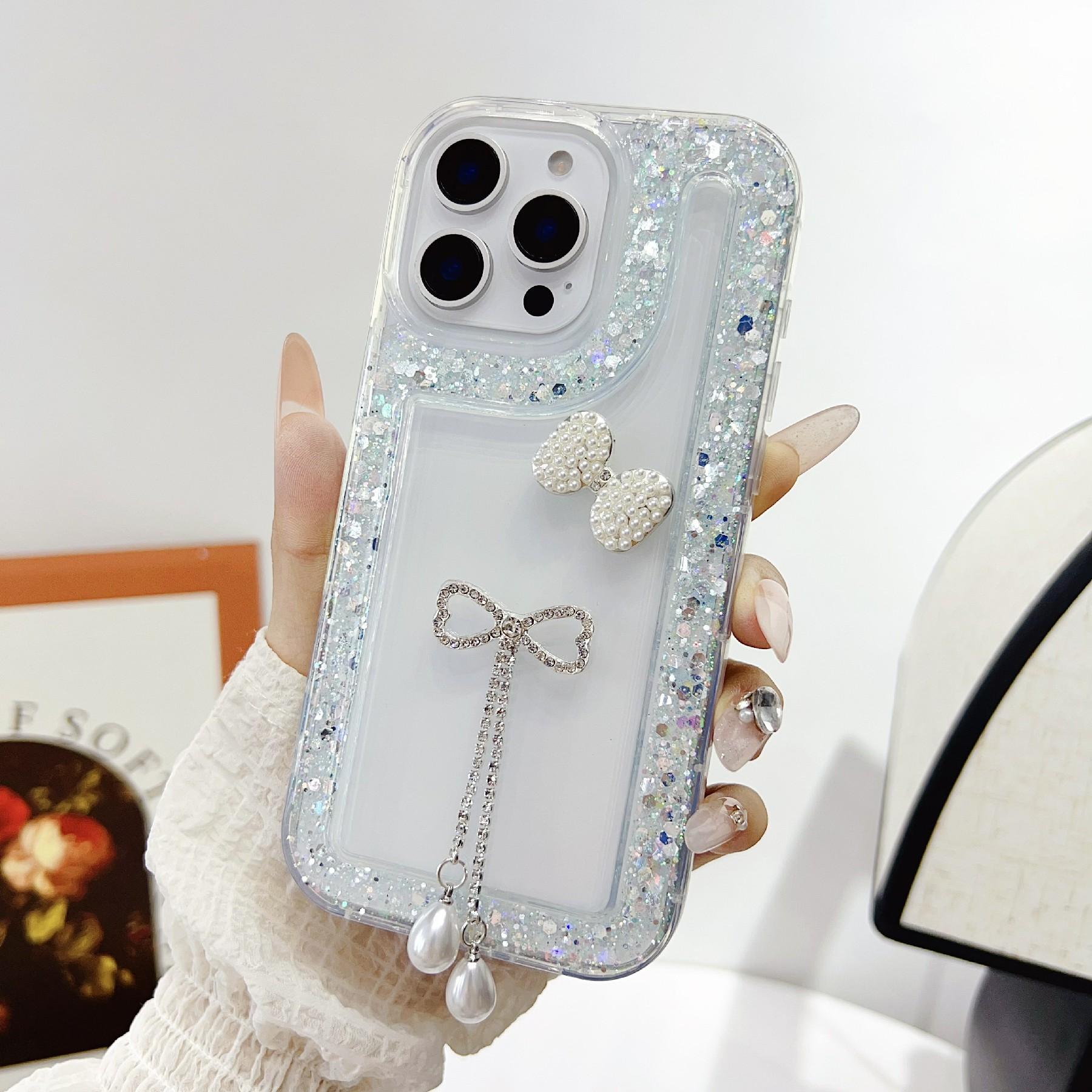 

For iPhone 16 Pro Max Case with Bow Decor Glitter Rhinestone Epoxy Design TPU Phone Cover Green