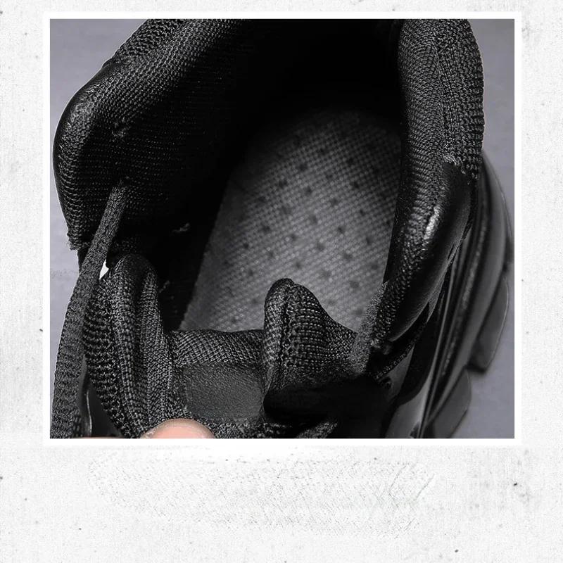 Black Men Boots Non Slip Winter Plus Velvet Outdoor Shoes for Men Round Shape Boots Leather Boots Black High Gang Platform Boots
