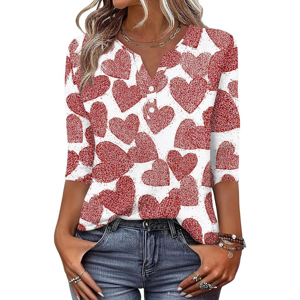 Camiseta feminina estampada com botões, manga 3/4, moda diária, de fim de semana, básica, decote em V, top regular