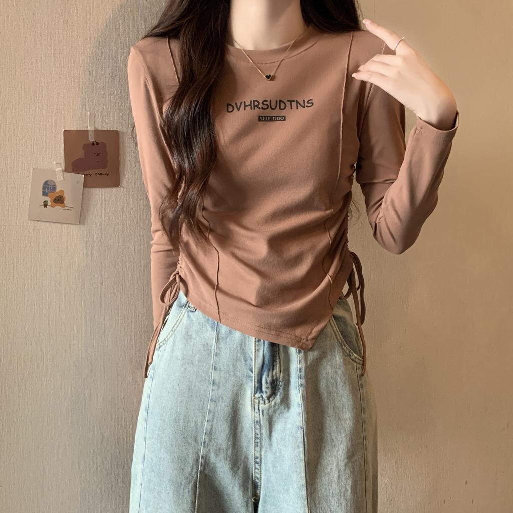 Spring Short Drawstring Top for Women's New Round Neck Inner Bottoming Shirt Fashionable Slim and Long Sleeves