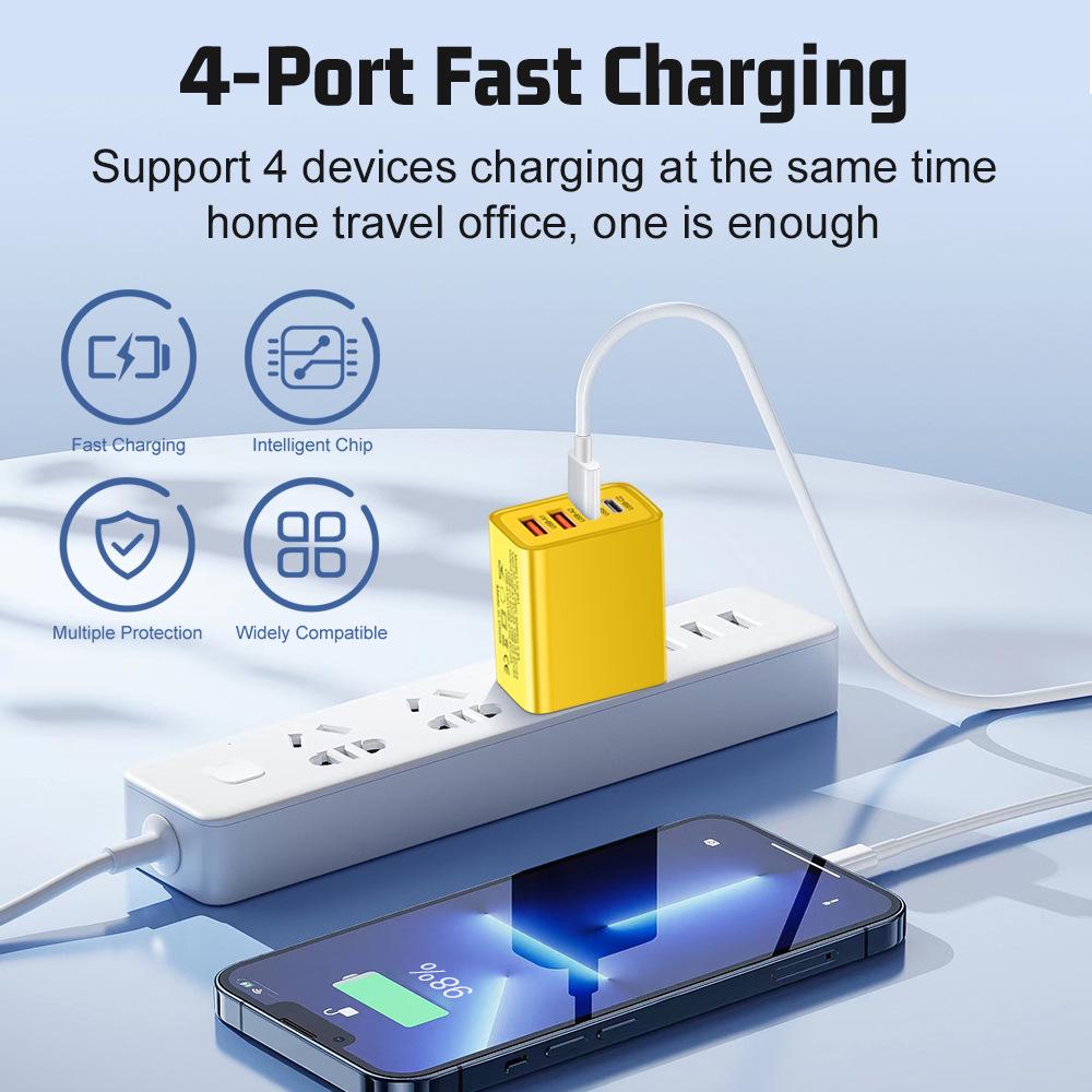 2.4A Multi-port Charger: Dual Type-C PD + Dual USB for Mobile Phones, Travel-Ready