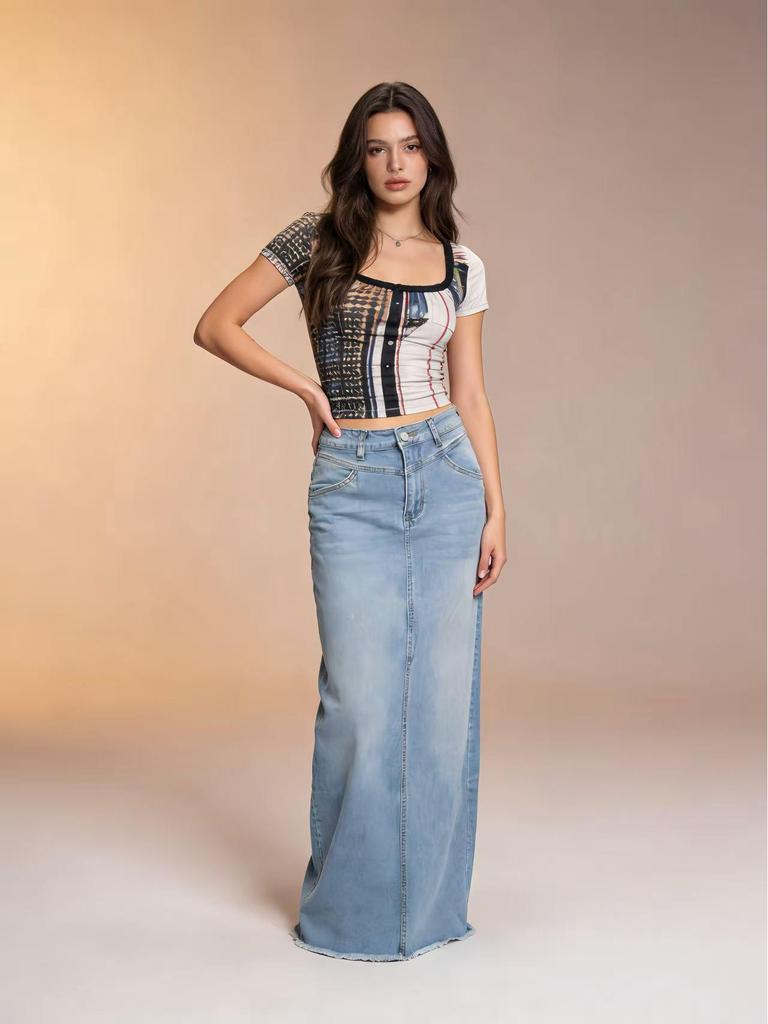 Summer Women's Loose Straight Denim Maxi Skirt - European/American Style