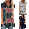 Women Spring Fashion V-Neck Stripe Loose Printed Patchwork Blouse Tops Pullover