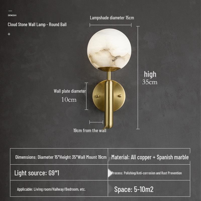 Nordic All-Copper Marble Wall Lamp for Living Room, Bedroom, and Hallway