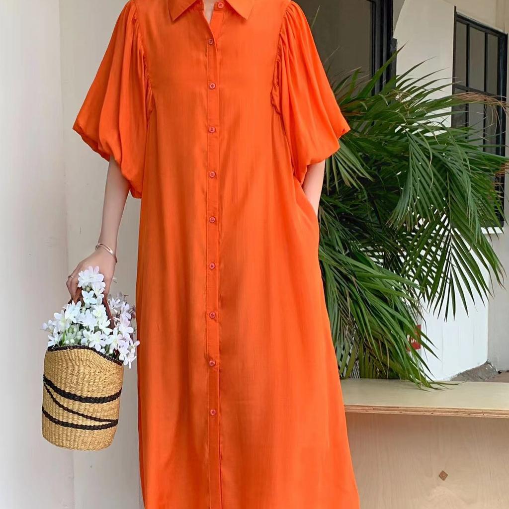 Solid Color Single Breasted Lapel Half Bubble Sleeve Long Dress For Women's Loose Clothes Spring Summer Shirt Dress