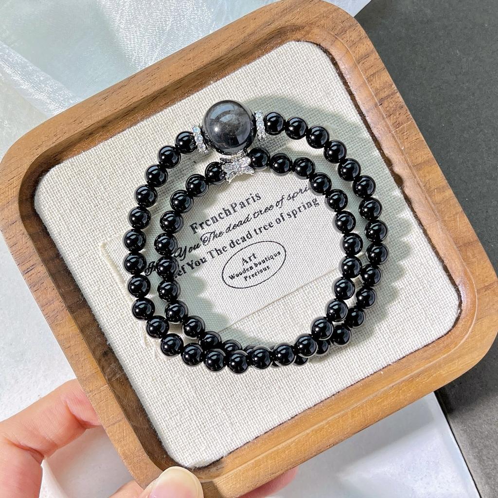 Wind 6mm Natural Black Agate Obsidian Multi-circle Design Bracelet Bracelet
