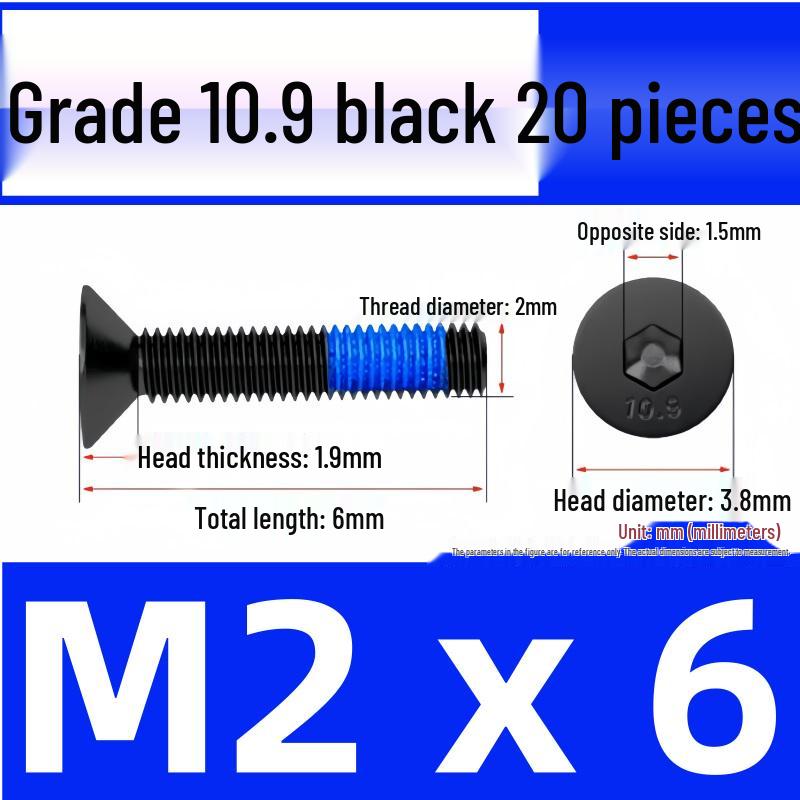 Black Anti-Slip Flat Cup Screw with Adhesive Blue Glue, Countersunk Hexagon Socket, Available in M2-M8 Sizes