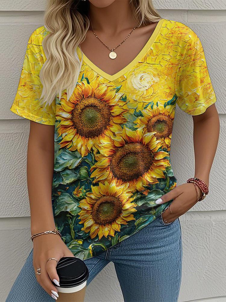 Flower Floral Painting 3D Print T-Shirts Women's V-Neck Short Sleeve T Shirt Y2K Oversized Tees Harajuku Tops Female Clothing