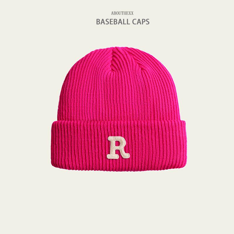 Hats for Women's Autumn and Winter New Warm Knitted Hat Korean Version Versatile R Letter Wool Hat Couple Head Hat Men's Trend