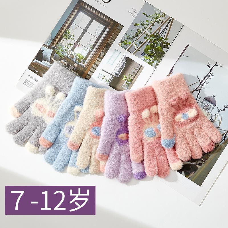 5-12 Jahre alt~ mittelalte und ältere Kinder Winter Thermo Handschuhe Mädchen gestrickt Fünffinger dreidimensionales Häschen Cartoon niedlich Schüler