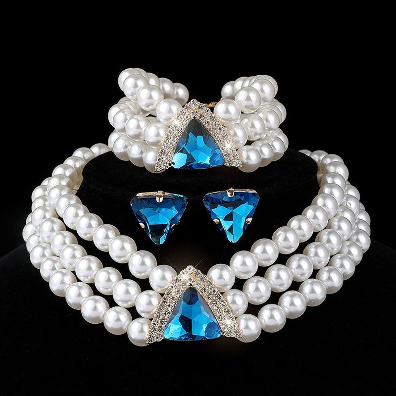 Geometric Crystal Multilayer Imitation Pearl Necklace Necklace Bracelet Stud Earrings Set Bridal Crystal Jewelry Women