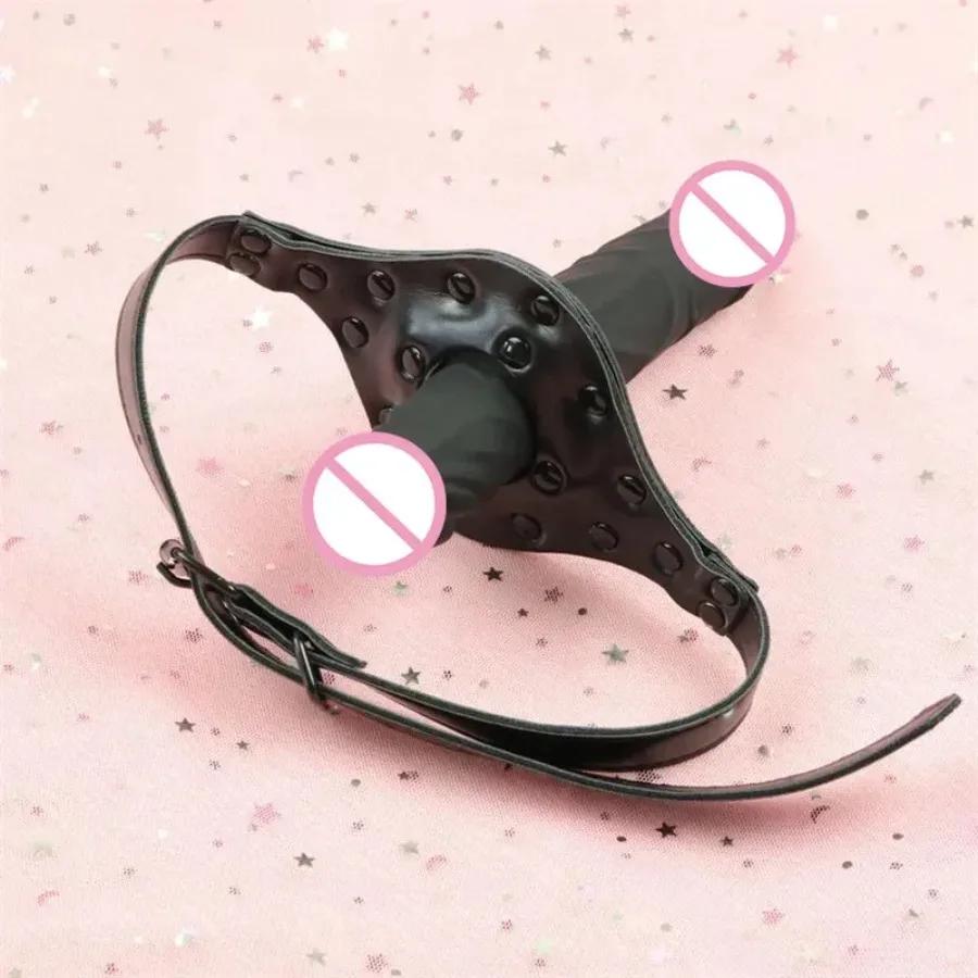 Adjustable Strap-On Dildo Gag Silicone Mouth Bondage Toy for Couple Games Double Dildo