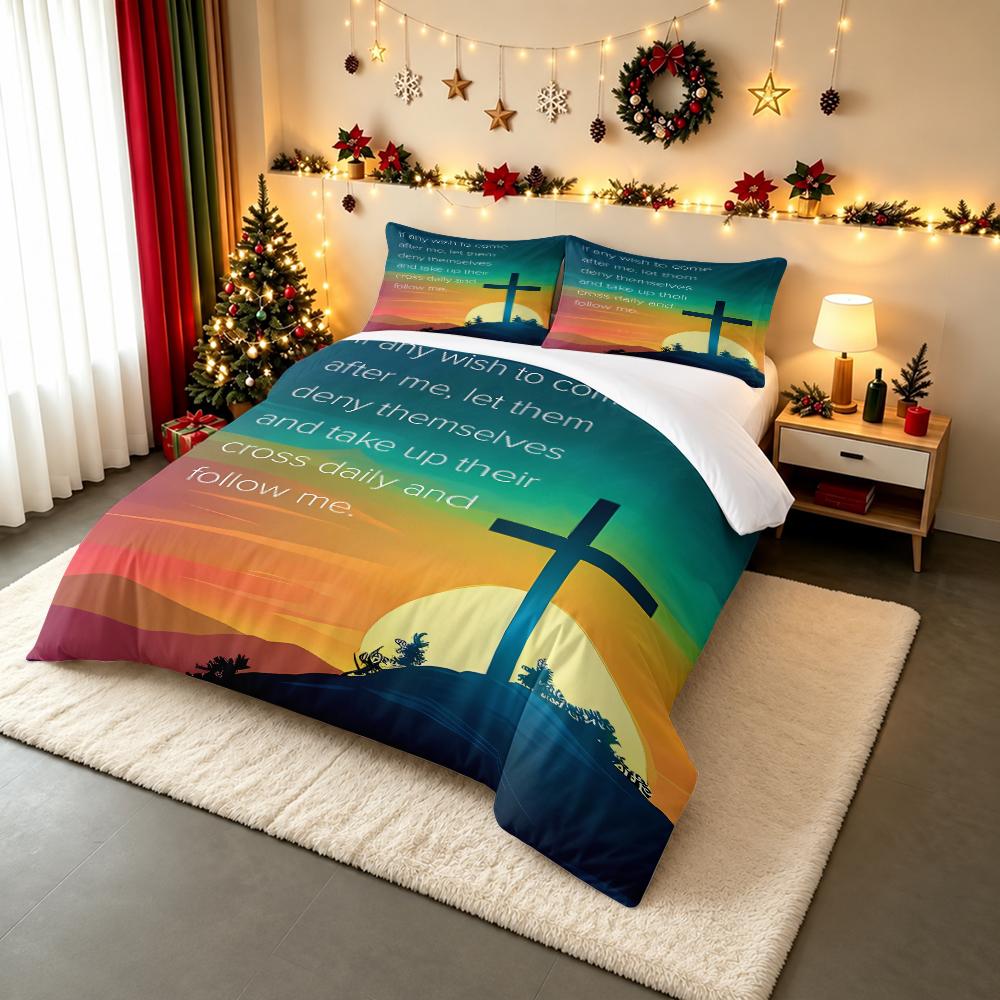Sunset Cross Christian Bible Verse Bedding set (1 duvet cover, 2 pillowcases, duvet not included), Inspirational Faith Art Print