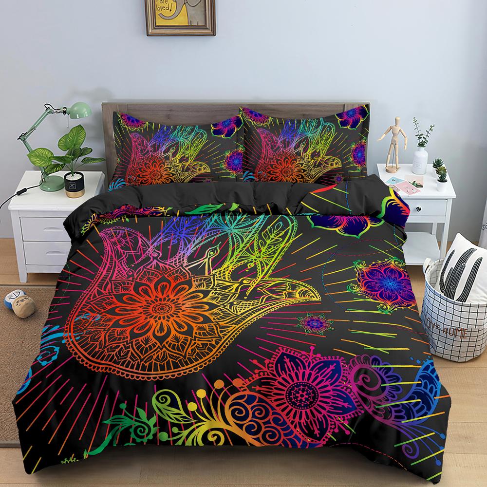 Set Copripiumino Mano di Fatima King Size Nero Dorato Set Biancheria da Letto Lusso Stampa Mano d'Oro di Fatima Boho Hippie 2/3pz Copripiumino