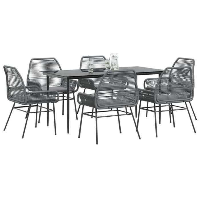 VidaXL Ensemble à manger jardin coussins 7 pcs gris poly rotin verre, ensemble de salle à manger d'extérieur, meuble de 3334482