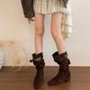 Vintage Plissierte Damen Western Cowboy Stiefel Mode Spitzzehe Dicke Absätze Damen Mid-Calf Stiefeletten