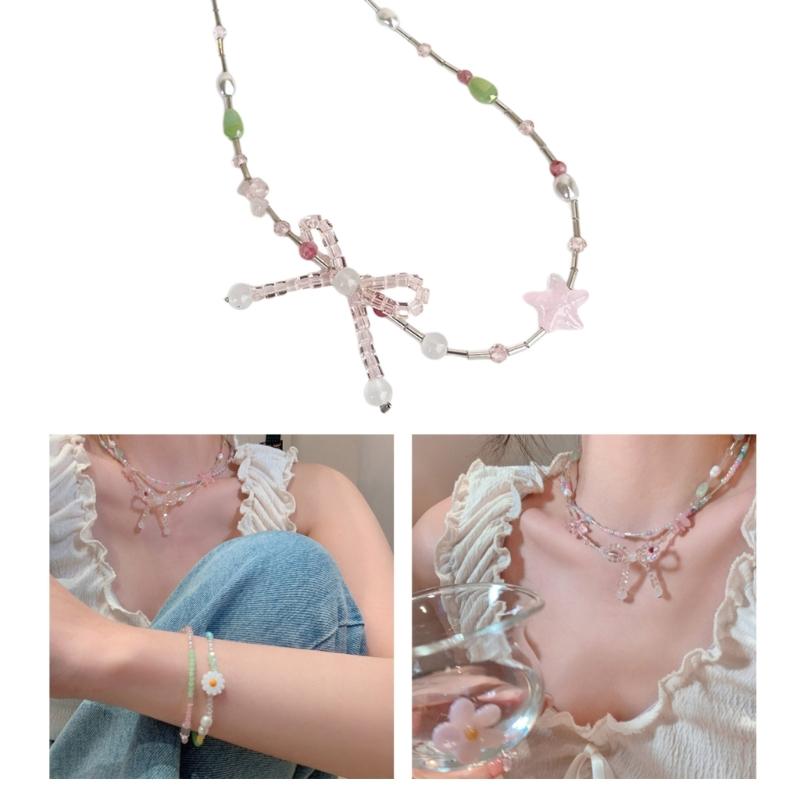 Bowknot Beaded Choker Colorful Beaded Necklaces Bowknot Necklace Artificial Crystal Material Gift for Girls Children