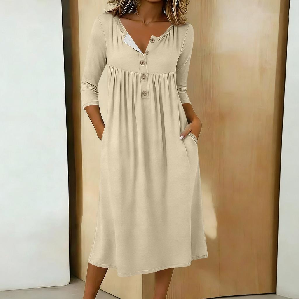 Damen Lässiges Midikleid mit 3/4 Ärmeln und Knöpfen