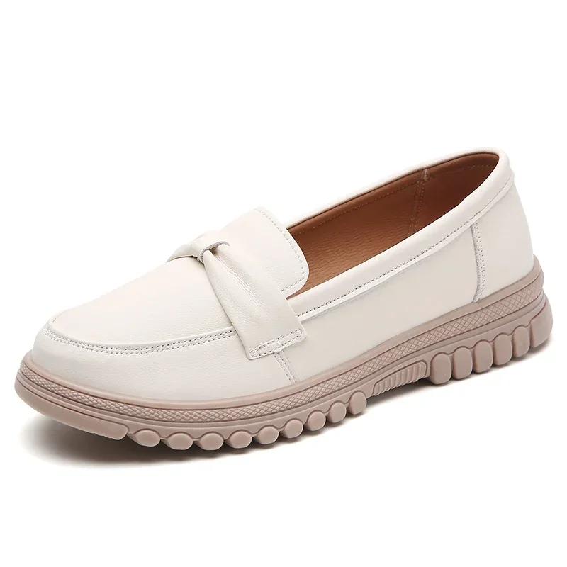 

Women Slip On Flat Comfortable Moccasins Fashion Round Toe Genuine Leather Casual Shoes Mother Anti-Slip Soft Bean Nurse Shoes 35 бежевый