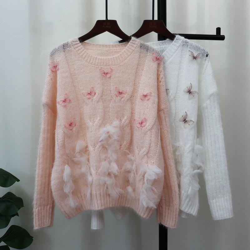 Autumn New Sweet Heavy Industry Butterfly Flower Design Sweater Pullover Soft Waxy Gentle Knitted Sweater Top Women