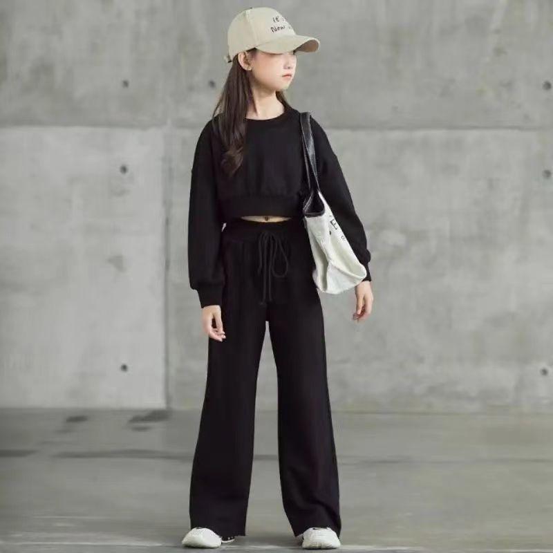 Pantaloni Larghi a Maniche Lunghe da Ragazza per Primavera e Autunno Completo a Due Pezzi Pantaloni da Strada Fritti Vita Alta Stile Coreano da Donna