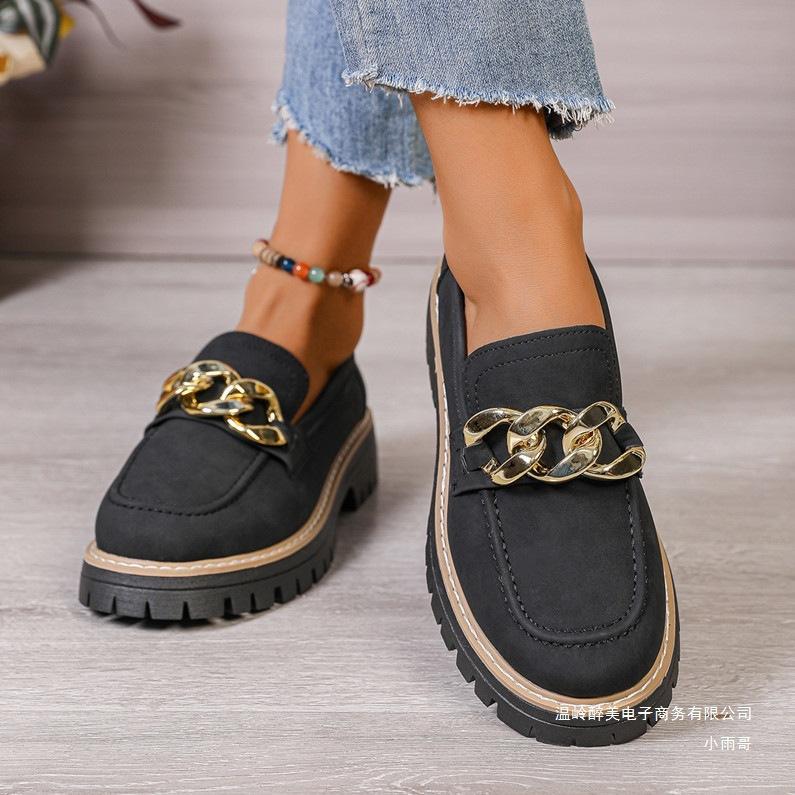 European and American Style Large Size Round Head Thick Sole Metal Chain Low-top Single Shoes Women's Thick Heel Thick Sole Foot Cover Lazy Loafers