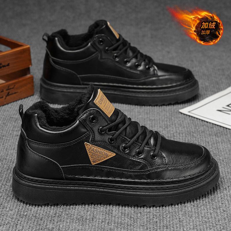 Fleece Men's Shoes, New Autumn and Winter High-top Board Shoes, Men's Leather Warmth, Thickened Cotton Shoes, Low-top Martin Boots