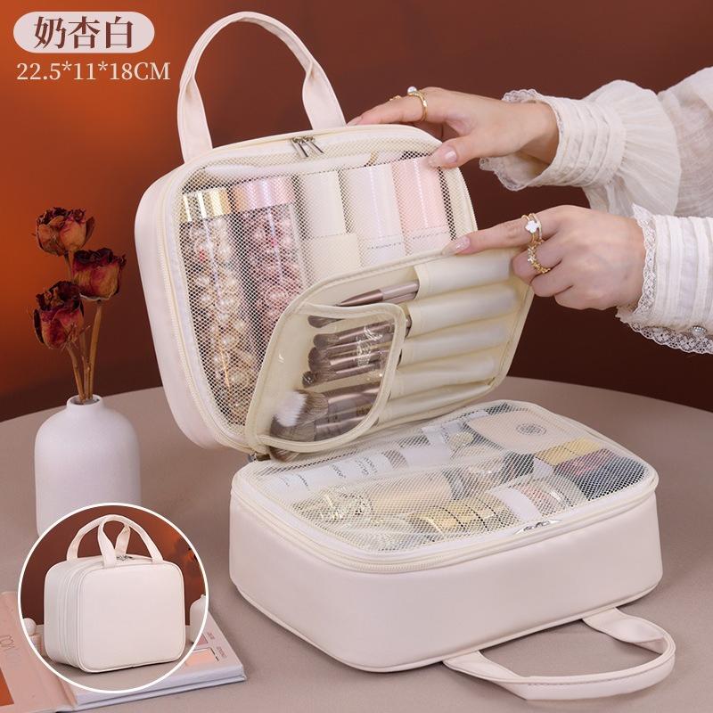 Multifunctional Makeup Bag for Women PU Leather Large Capacity Portable Double Zipper Travel Makeup Brush Toiletries Storage Bag