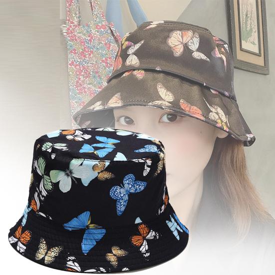 Butterfly Print Fisherman Hat Summer Cotton Double-sided Outdoor Bucket Sun Cap