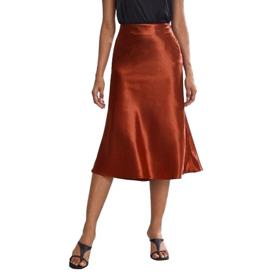 Women Midi Skirt High Waist Satin-Like Shiny Skirt Solid Color