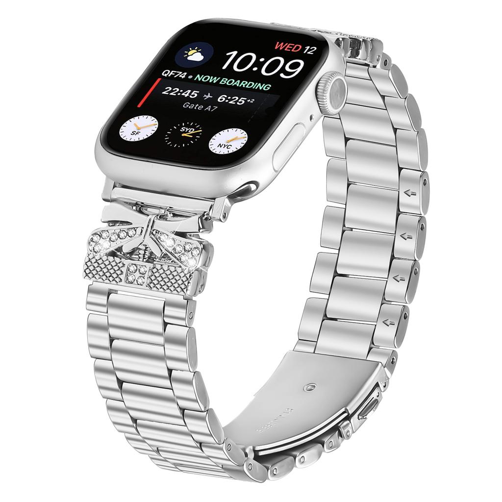 Replacement Strap for Apple Watch Series 11 10 42mm/9 8 7 41mm/SE3 SE2 SE 6 5 4 40mm/3 2 1 38mm Butterfly Rhinestones Decor Silver Watch Band