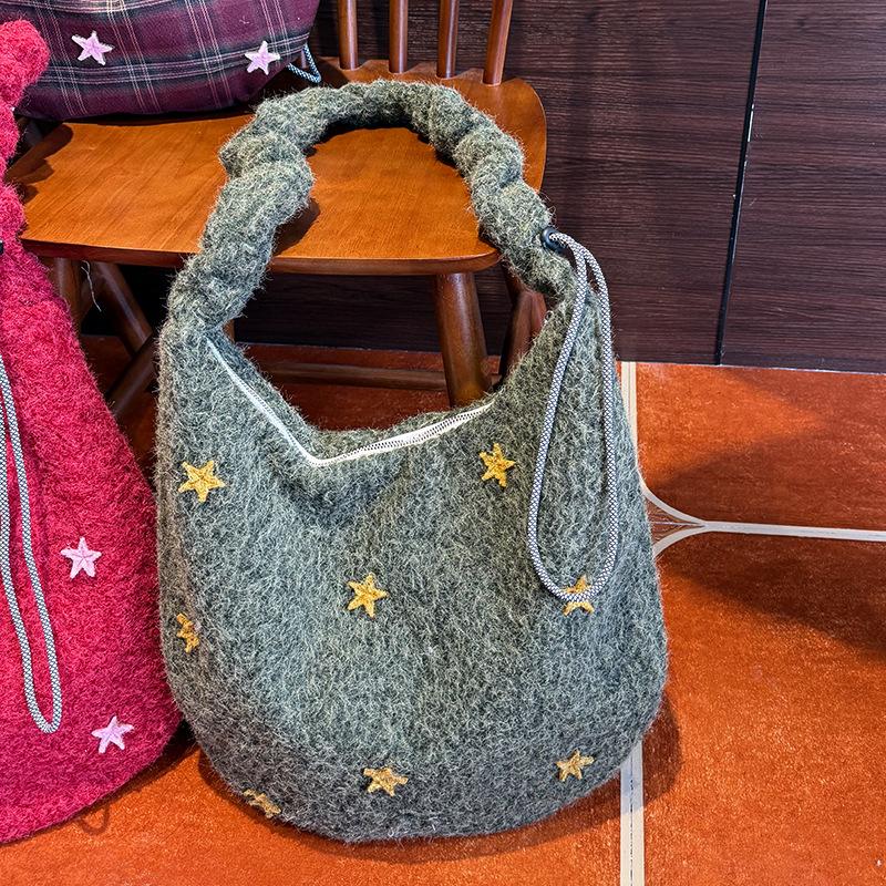 Einfache Sternstickerei Wollene Damen-Schultertaschen Vintage Vielseitig Damen-Umhängetasche Lässige Damen-Handtasche mit großem Fassungsvermögen
