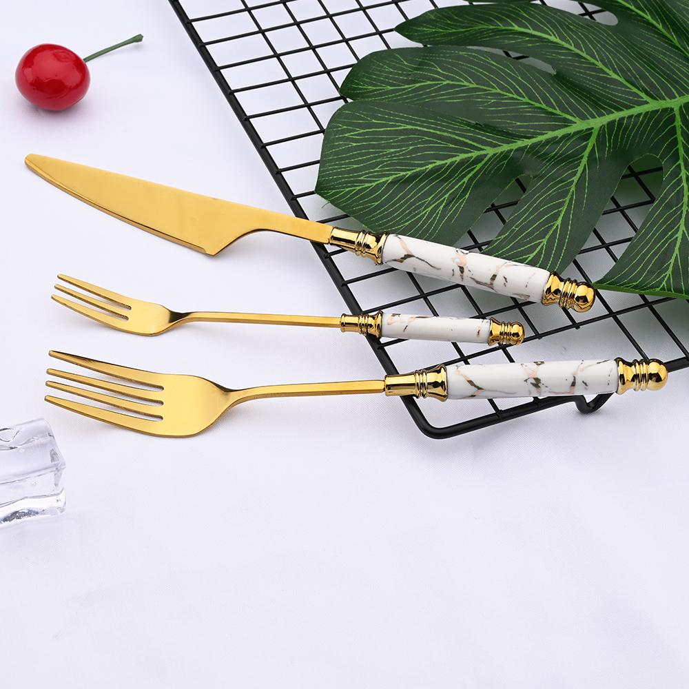 5PCS White Gold Ceramic Tableware Party Fork Spoon Knife Silverware Set Flatware Cutlery Set Stainless Steel Dinner Dinnerware Set